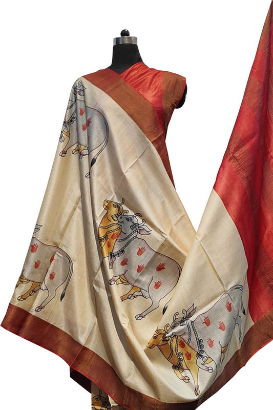 Hand Painted Off White Kalamkari Tussar Silk Saree - Exquisite Beauty - Luxurion World