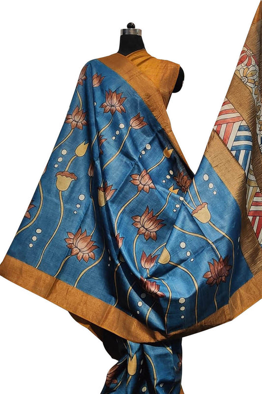 Hand Painted Exquisite Blue Kalamkari Tussar Silk Saree - A True Beauty - Luxurion World