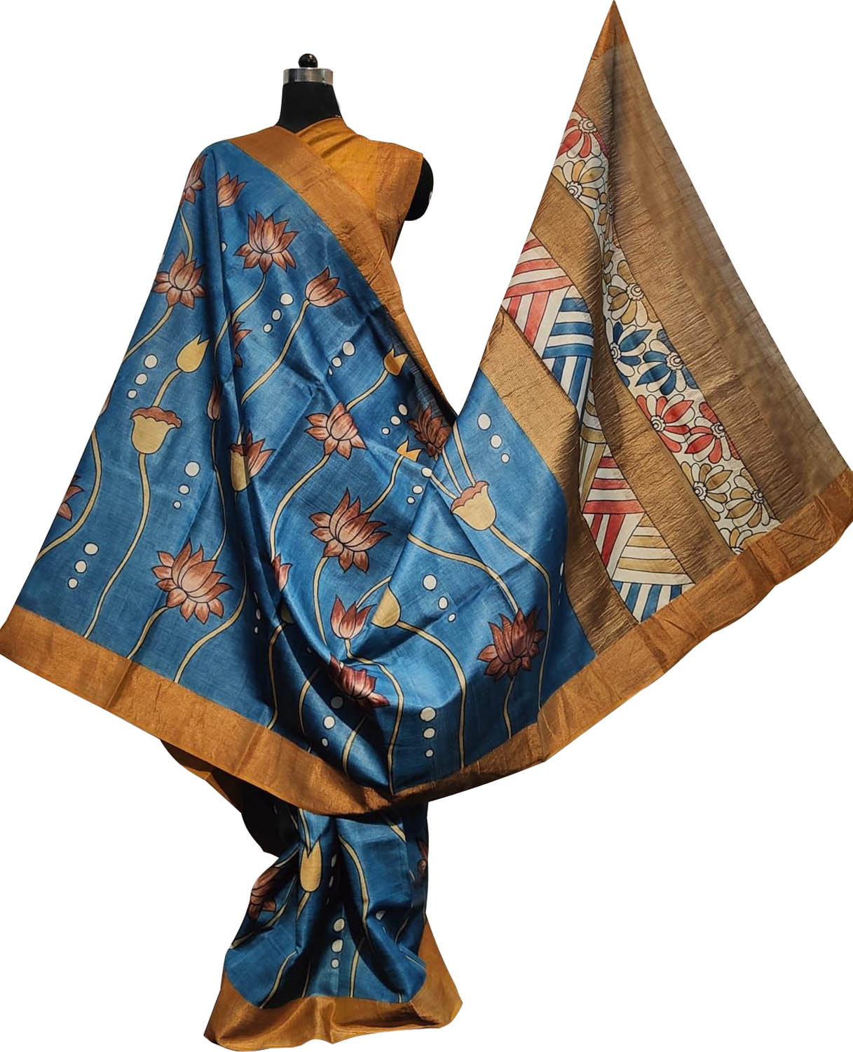 Hand Painted Exquisite Blue Kalamkari Tussar Silk Saree - A True Beauty - Luxurion World