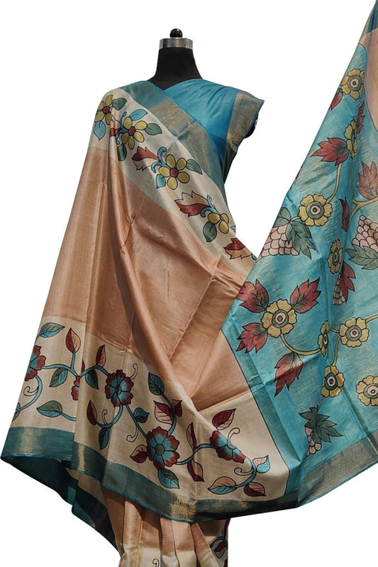Hand-Painted Pastel Kalamkari Tussar Silk Saree: A Stunning Beauty - Luxurion World