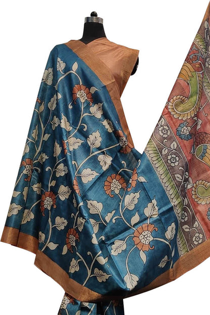 Hand Painted Exquisite Blue Kalamkari Tussar Silk Saree - Stunning Design - Luxurion World