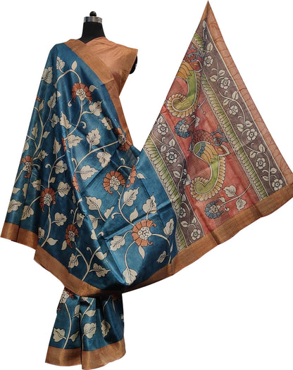 Hand Painted Exquisite Blue Kalamkari Tussar Silk Saree - Stunning Design - Luxurion World