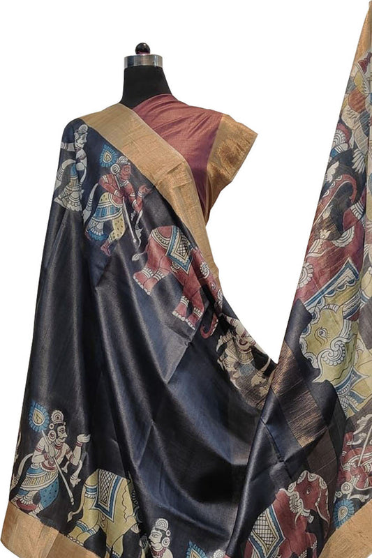 Hand Painted Exquisite Black Kalamkari Tussar Silk Saree - Stunning Design - Luxurion World