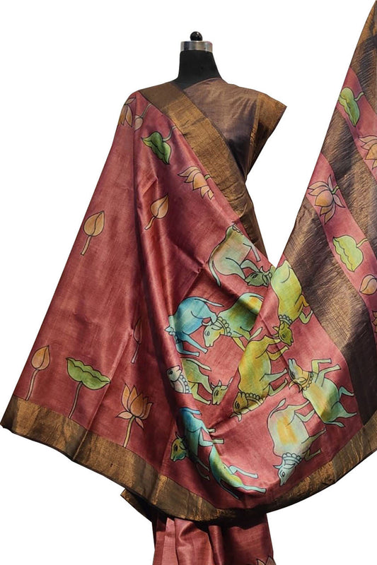 Hand-Painted Red Kalamkari Tussar Silk Saree: Exquisite Beauty - Luxurion World