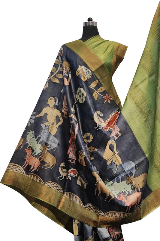 Exquisite Black Kalamkari Tussar Silk Saree - Hand Painted Beauty - Luxurion World