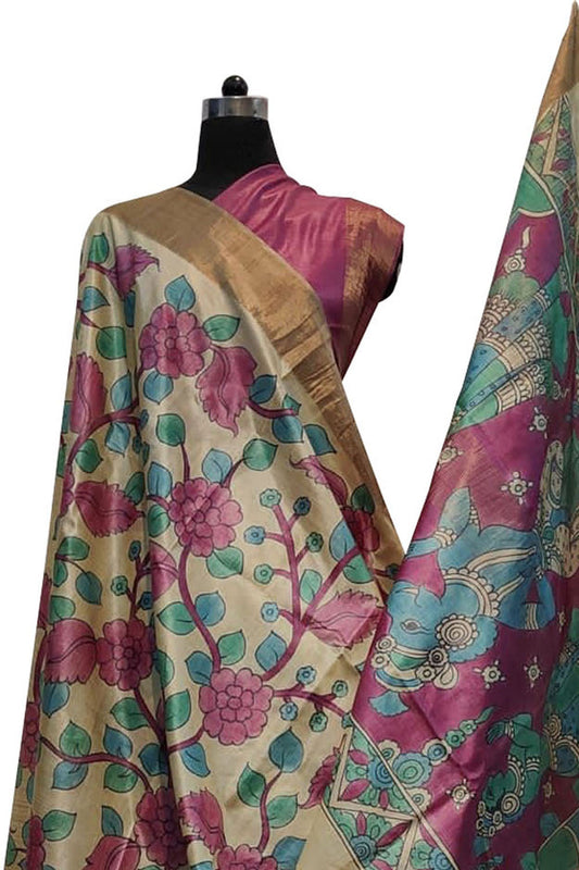 Exquisite Pastel Kalamkari Tussar Silk Saree - Hand Painted Beauty - Luxurion World
