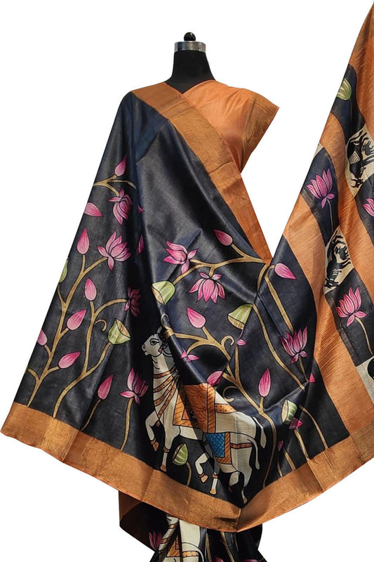 Exquisite Black Kalamkari Tussar Silk Saree - Hand Painted Beauty - Luxurion World