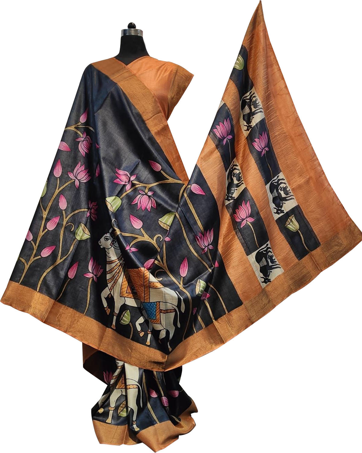 Exquisite Black Kalamkari Tussar Silk Saree - Hand Painted Beauty