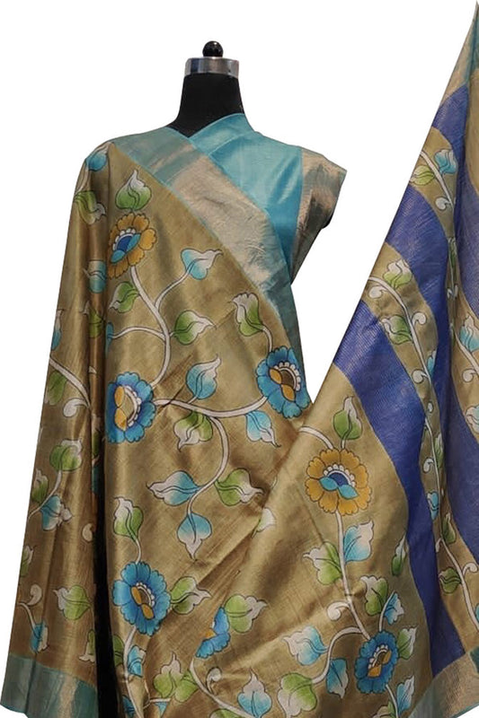 Exquisite Pastel Kalamkari Tussar Silk Saree - Hand Painted Beauty - Luxurion World