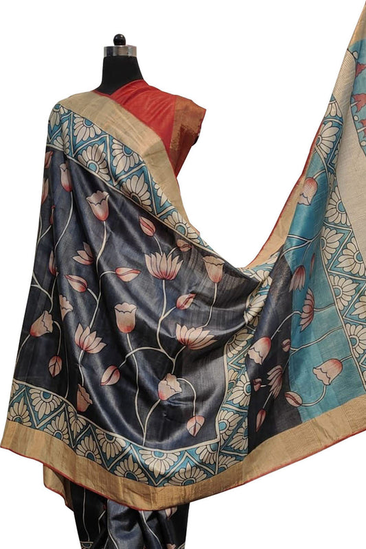 Exquisite Black Kalamkari Tussar Silk Saree - Hand Painted Beauty - Luxurion World