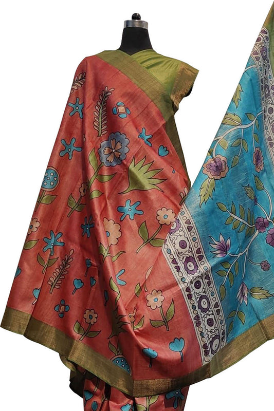 Exquisite Red Kalamkari Tussar Silk Saree - Hand Painted Beauty - Luxurion World