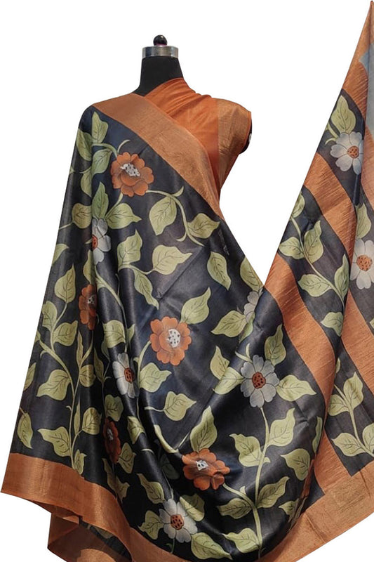 Exquisite Black Kalamkari Tussar Silk Saree - Hand Painted Beauty - Luxurion World