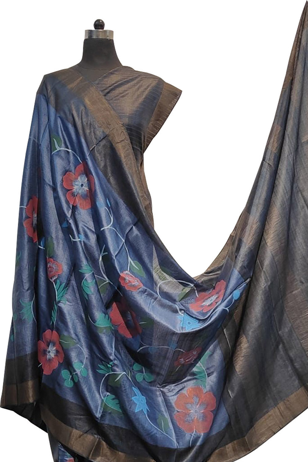 Stunning Blue Kalamkari Tussar Silk Saree - Hand Painted Beauty - Luxurion World