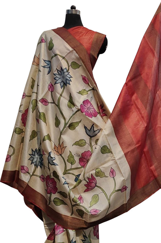 Exquisite Off White Kalamkari Tussar Silk Saree - Hand Painted Elegance - Luxurion World