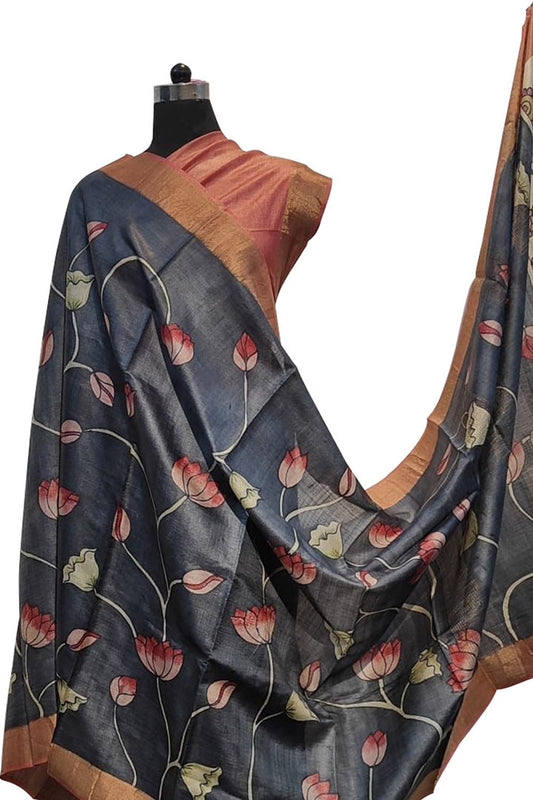 Exquisite Black Kalamkari Tussar Silk Saree - Hand Painted Beauty - Luxurion World