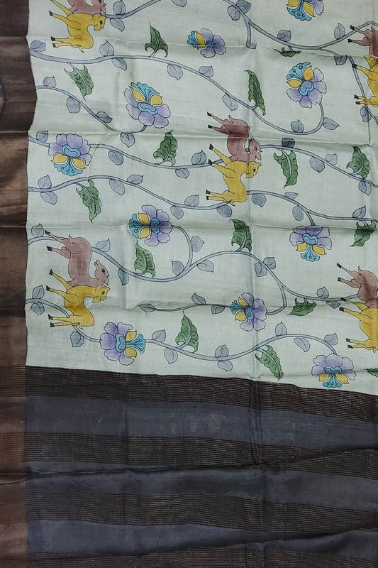 Off White Kalamkari Hand Painted Pure Tussar Silk Saree - Luxurion World