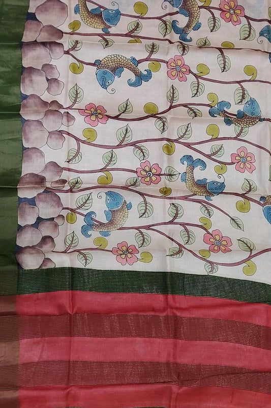 Multicolor Kalamkari Hand Painted Pure Tussar Silk Saree