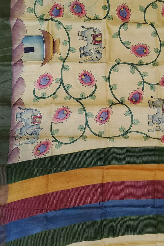 Multicolor Kalamkari Hand Painted Pure Tussar Silk Saree