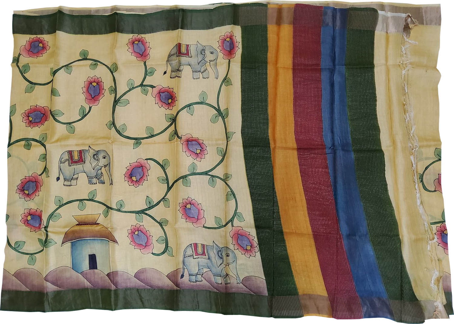 Multicolor Kalamkari Hand Painted Pure Tussar Silk Saree - Luxurion World