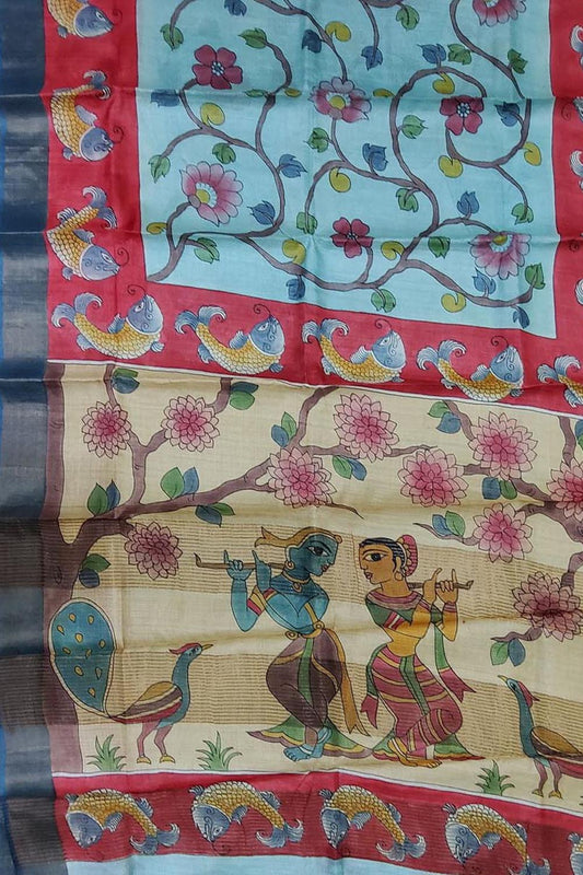 Blue Kalamkari Hand Painted Pure Tussar Silk Saree - Luxurion World