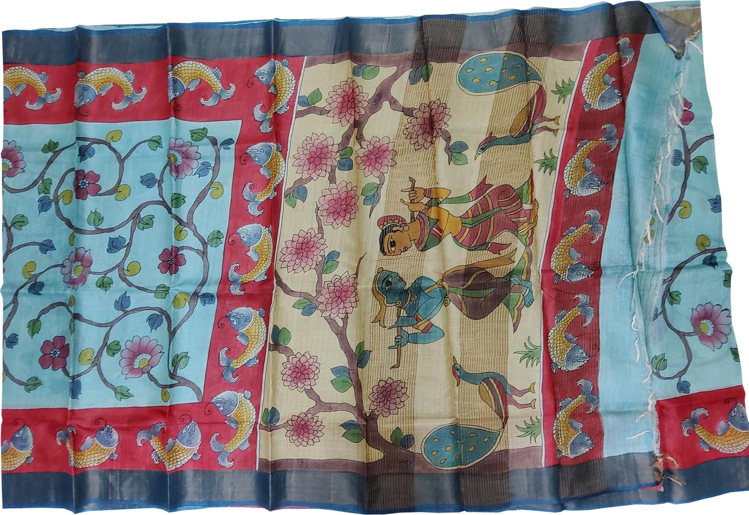 Blue Kalamkari Hand Painted Pure Tussar Silk Saree - Luxurion World