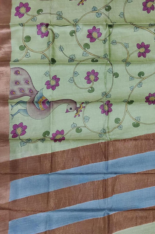 Green Kalamkari Hand Painted Pure Tussar Silk Saree - Luxurion World