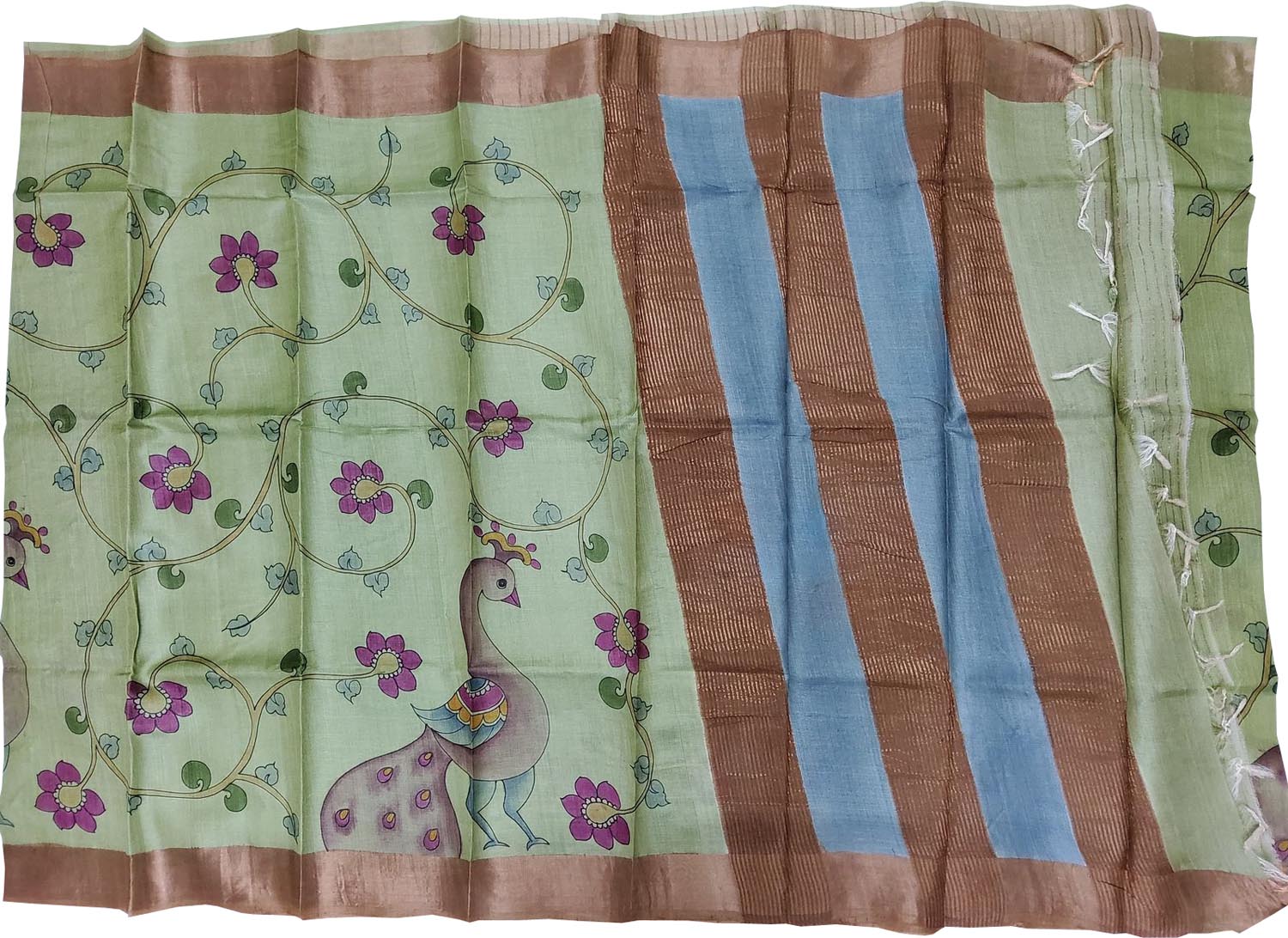 Green Kalamkari Hand Painted Pure Tussar Silk Saree - Luxurion World