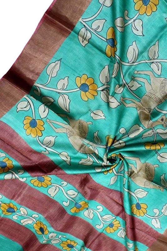Blue Kalamkari Hand Painted Desi Tussar Silk Saree - Luxurion World