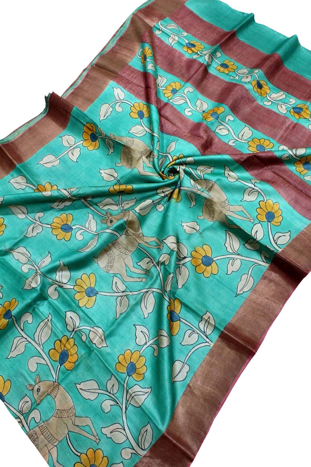 Blue Kalamkari Hand Painted Desi Tussar Silk Saree - Luxurion World