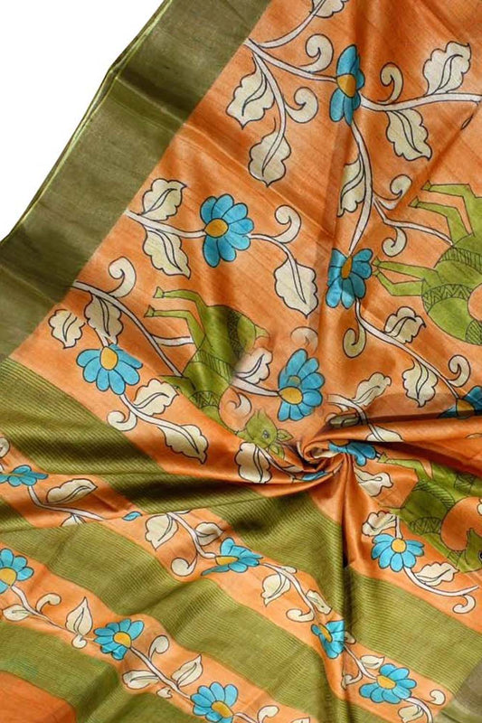 Orange Kalamkari Hand Painted Desi Tussar Silk Saree