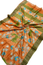 Orange Kalamkari Hand Painted Desi Tussar Silk Saree - Luxurion World
