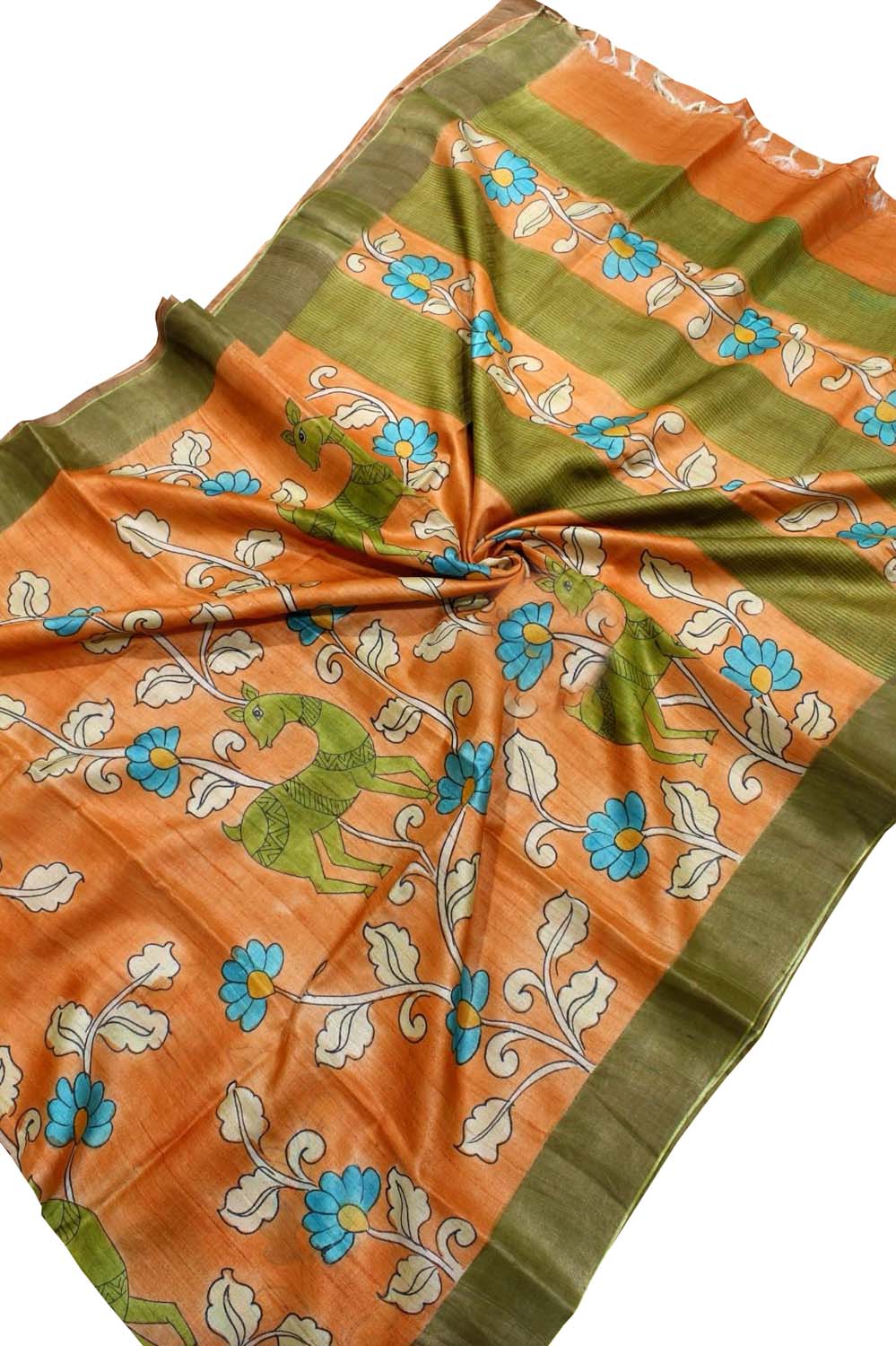 Orange Kalamkari Hand Painted Desi Tussar Silk Saree - Luxurion World