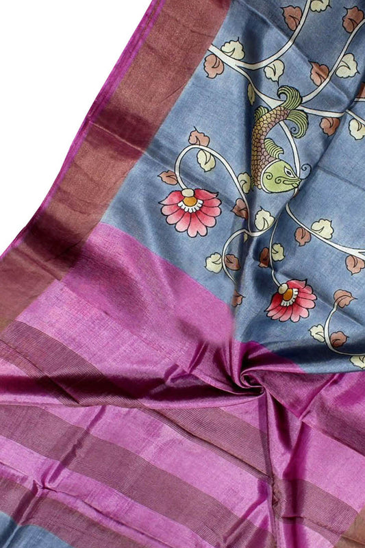 Grey Kalamkari Hand Painted Desi Tussar Silk Saree - Luxurion World