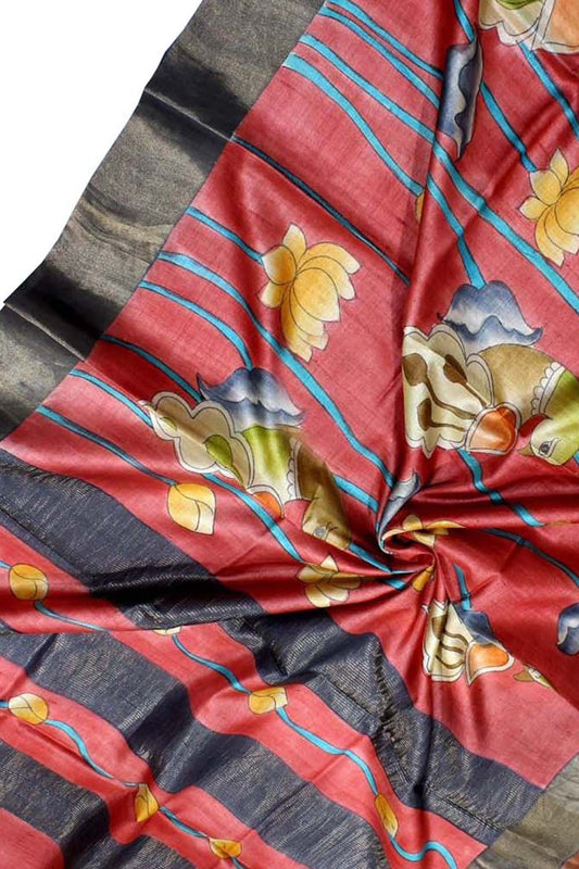 Red Kalamkari Hand Painted Desi Tussar Silk Saree - Luxurion World