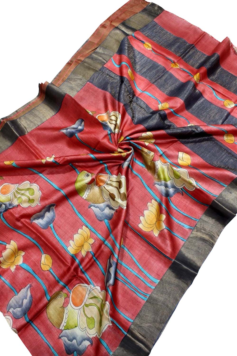 Red Kalamkari Hand Painted Desi Tussar Silk Saree - Luxurion World
