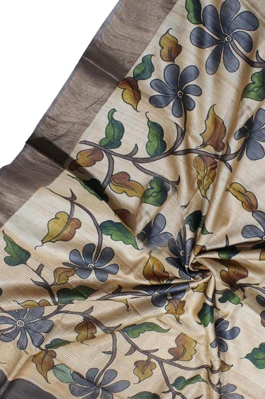 Pastel Kalamkari Hand Painted Desi Tussar Silk Saree - Luxurion World