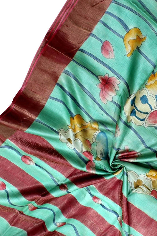 Blue Kalamkari Hand Painted Desi Tussar Silk Saree - Luxurion World