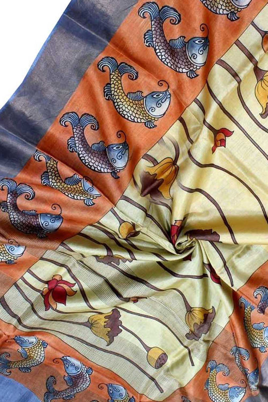 Pastel Kalamkari Hand Painted Desi Tussar Silk Saree - Luxurion World