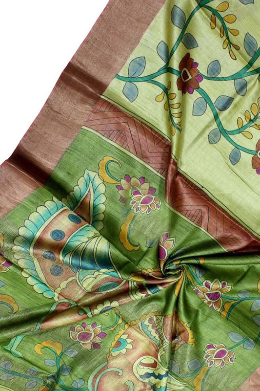 Green Kalamkari Hand Painted Desi Tussar Silk Saree - Luxurion World
