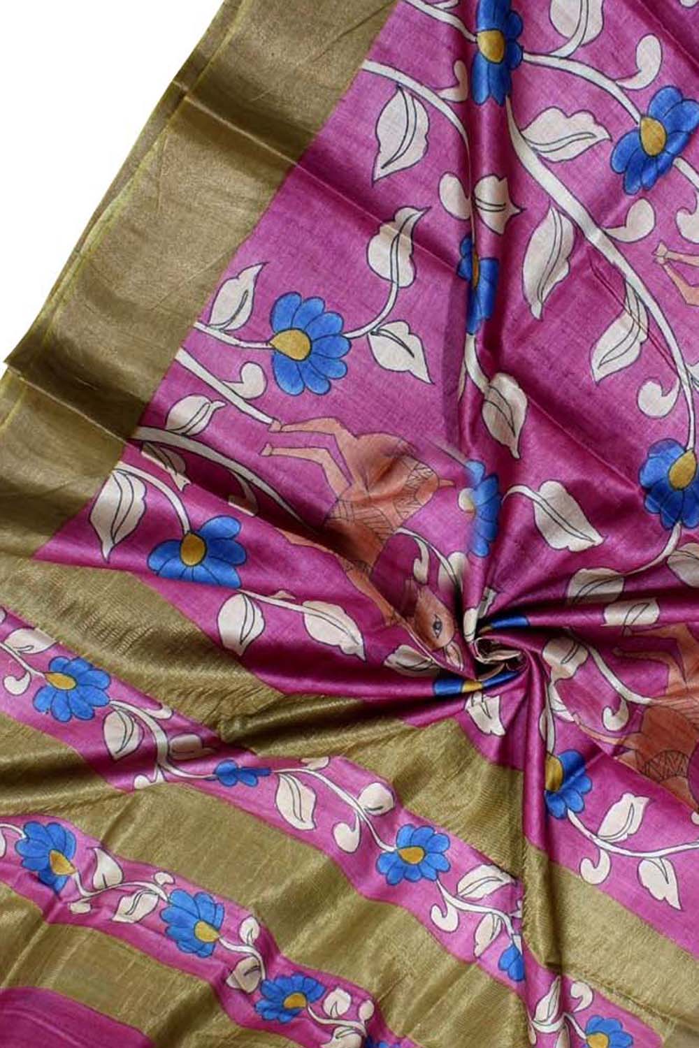 Pink Kalamkari Hand Painted Desi Tussar Silk Saree - Luxurion World