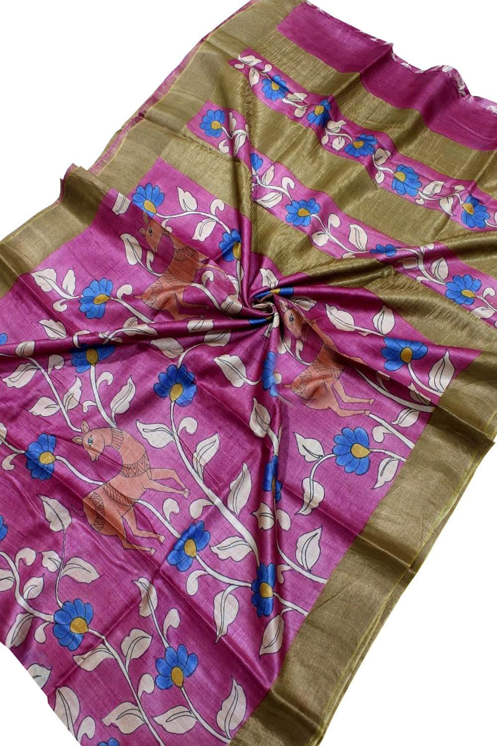Pink Kalamkari Hand Painted Desi Tussar Silk Saree - Luxurion World