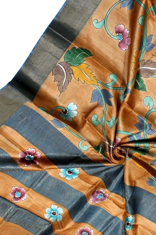 Orange Kalamkari Hand Painted Desi Tussar Silk Saree - Luxurion World