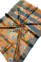Orange Kalamkari Hand Painted Desi Tussar Silk Saree - Luxurion World