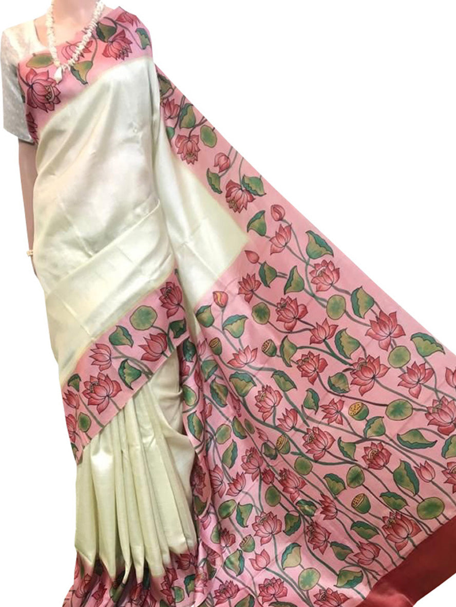 Pastel Kalamkari Hand Painted Pure Tussar Silk Saree - Luxurion World