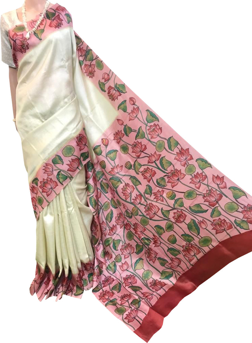 Pastel Kalamkari Hand Painted Pure Tussar Silk Saree - Luxurion World