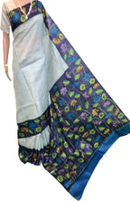 Grey Kalamkari Hand Painted Pure Tussar Silk Saree - Luxurion World