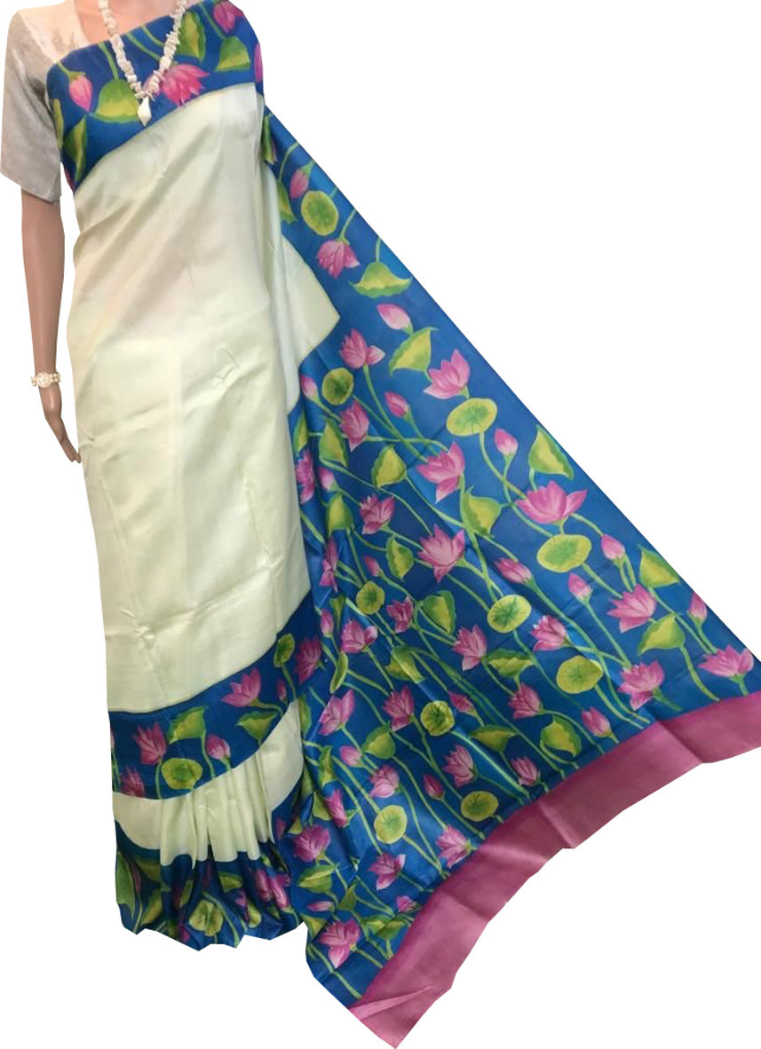 Pastel Kalamkari Hand Painted Pure Tussar Silk Saree - Luxurion World