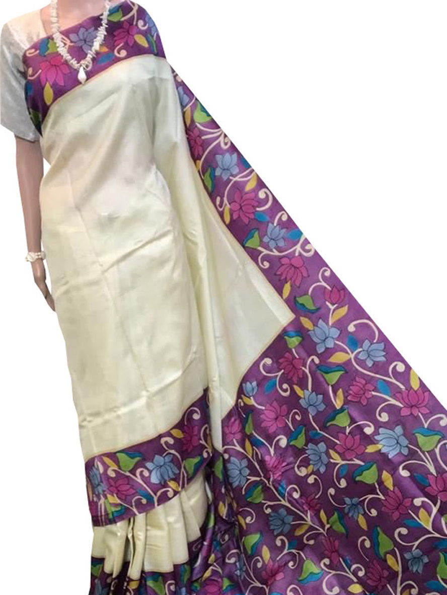 Pastel Kalamkari Hand Painted Pure Tussar Silk Saree