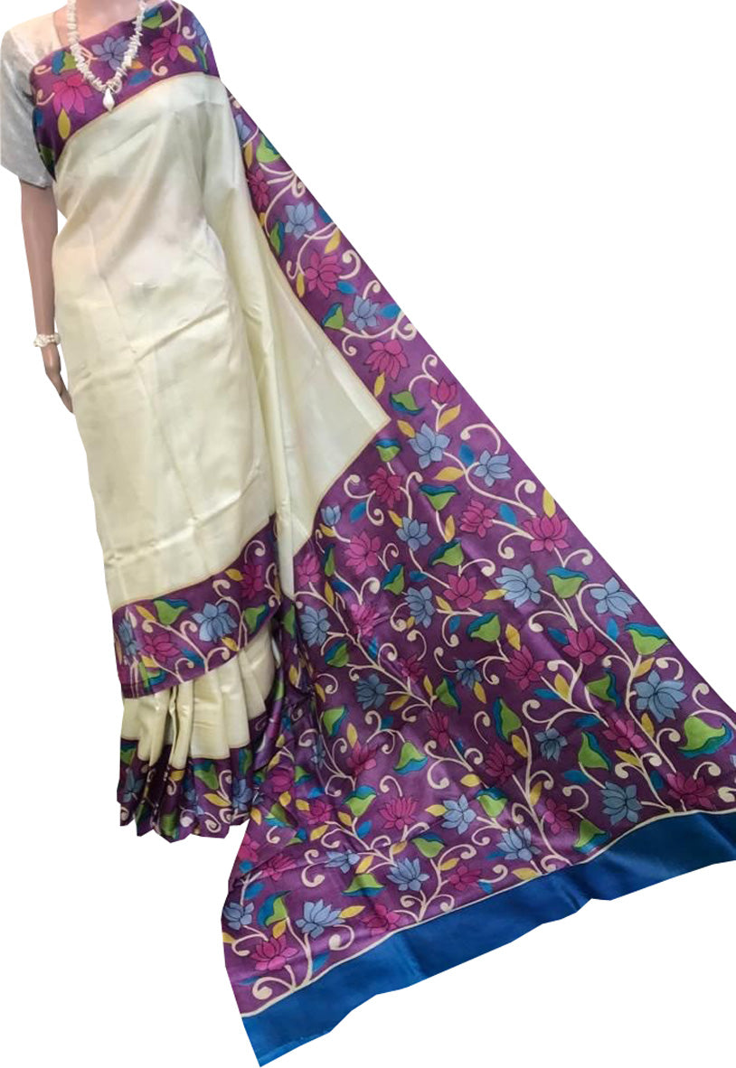Pastel Kalamkari Hand Painted Pure Tussar Silk Saree