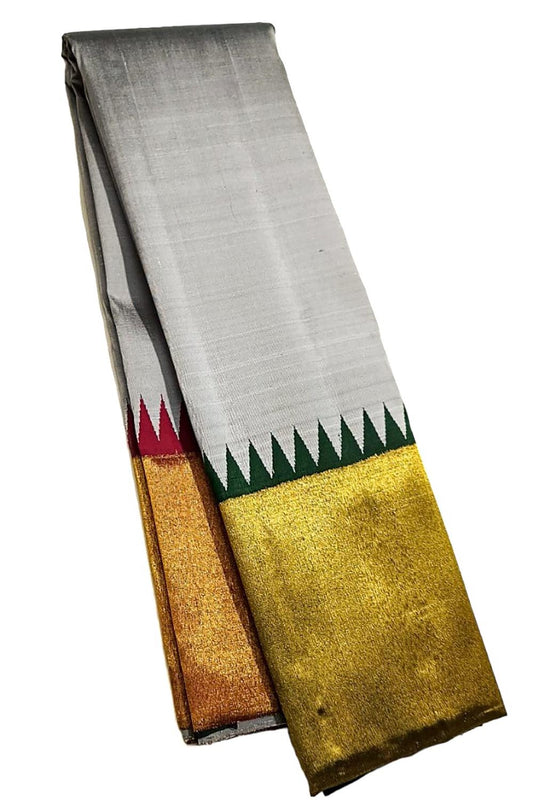 Grey and Golden Kanjeevaram Handloom Silk Saree - Pure Elegance - Luxurion World